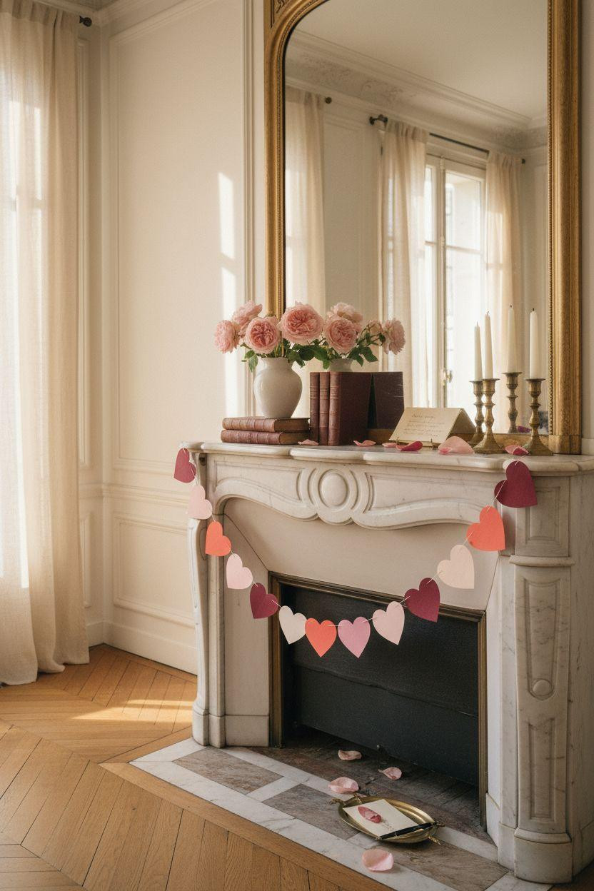 Valentine's garland - paper hearts in burgundy and blush along white mantel