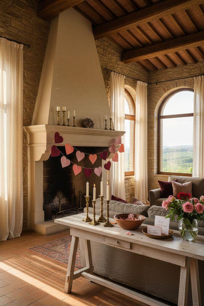 Valentine's garland - hand-cut hearts with deckled edges in villa setting