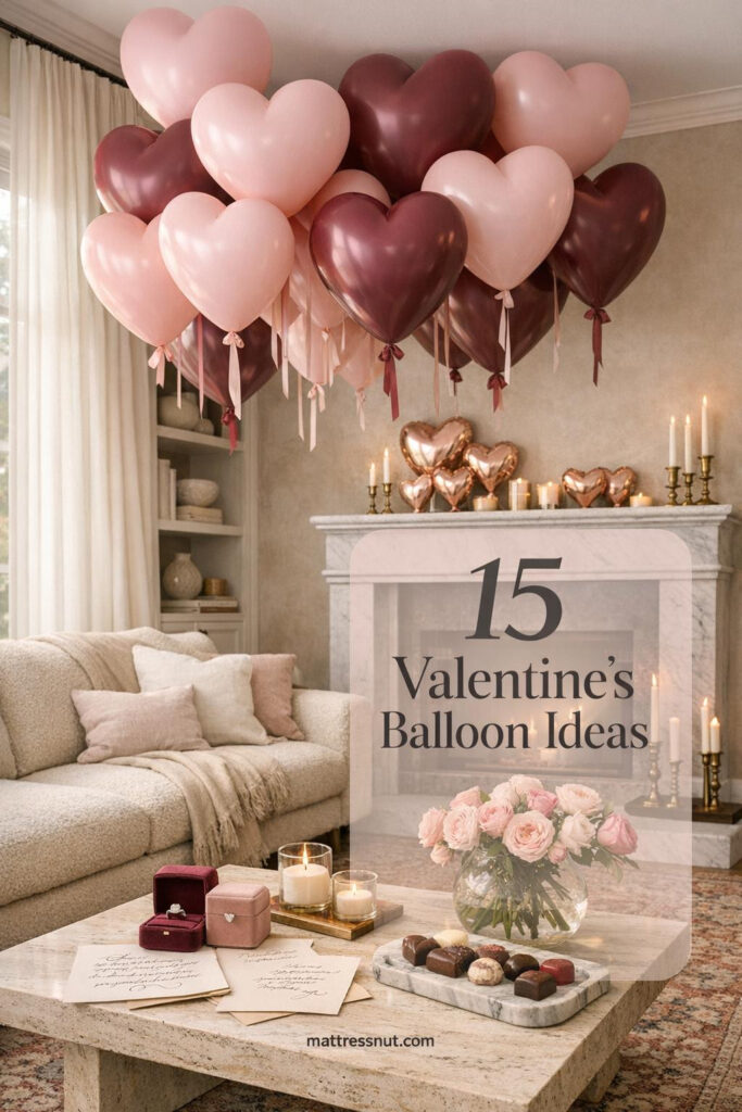 Living room with blush pink and burgundy heart-shaped balloons floating near ceiling, cream boucle sofa, marble fireplace, Persian rug