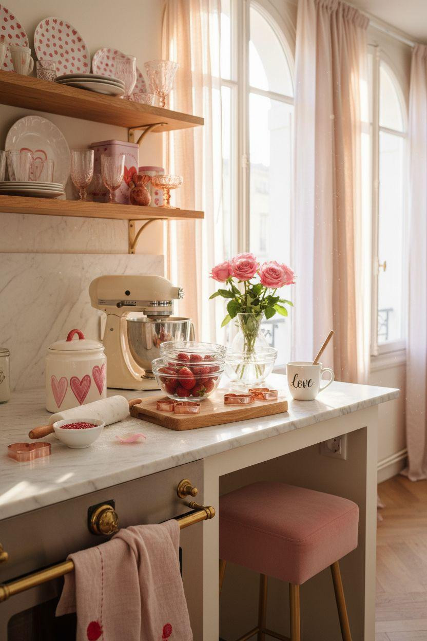 Valentine's kitchen decor - counter with pink accents
