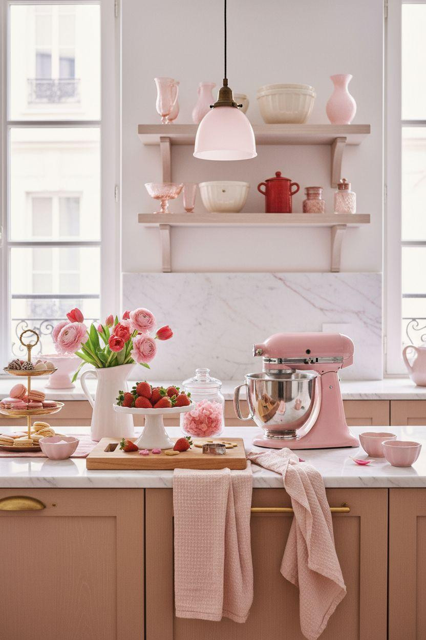 Valentine's kitchen decor - pink cabinets and countertop