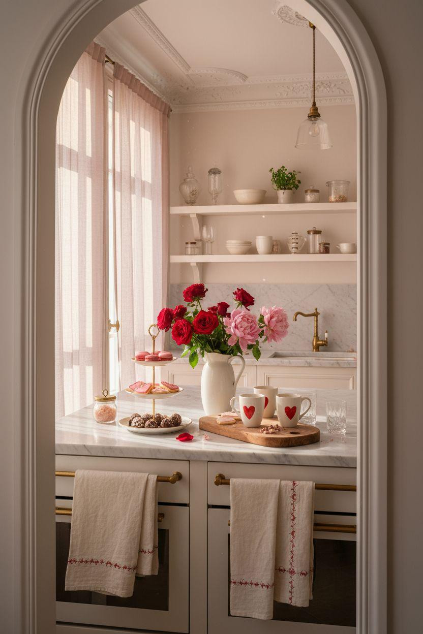 Valentine's kitchen decor - marble counter with pink accents