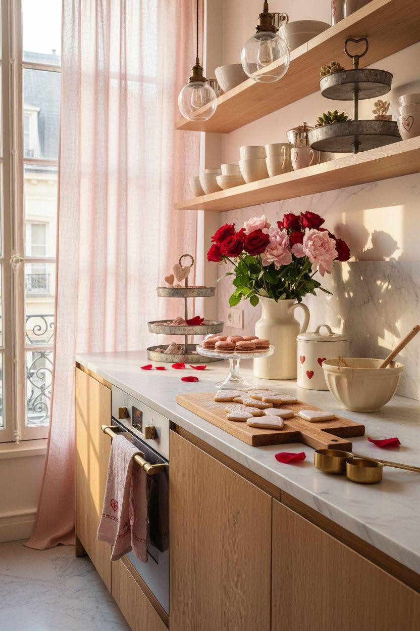Valentine's kitchen decor - baking setup with heart cookies