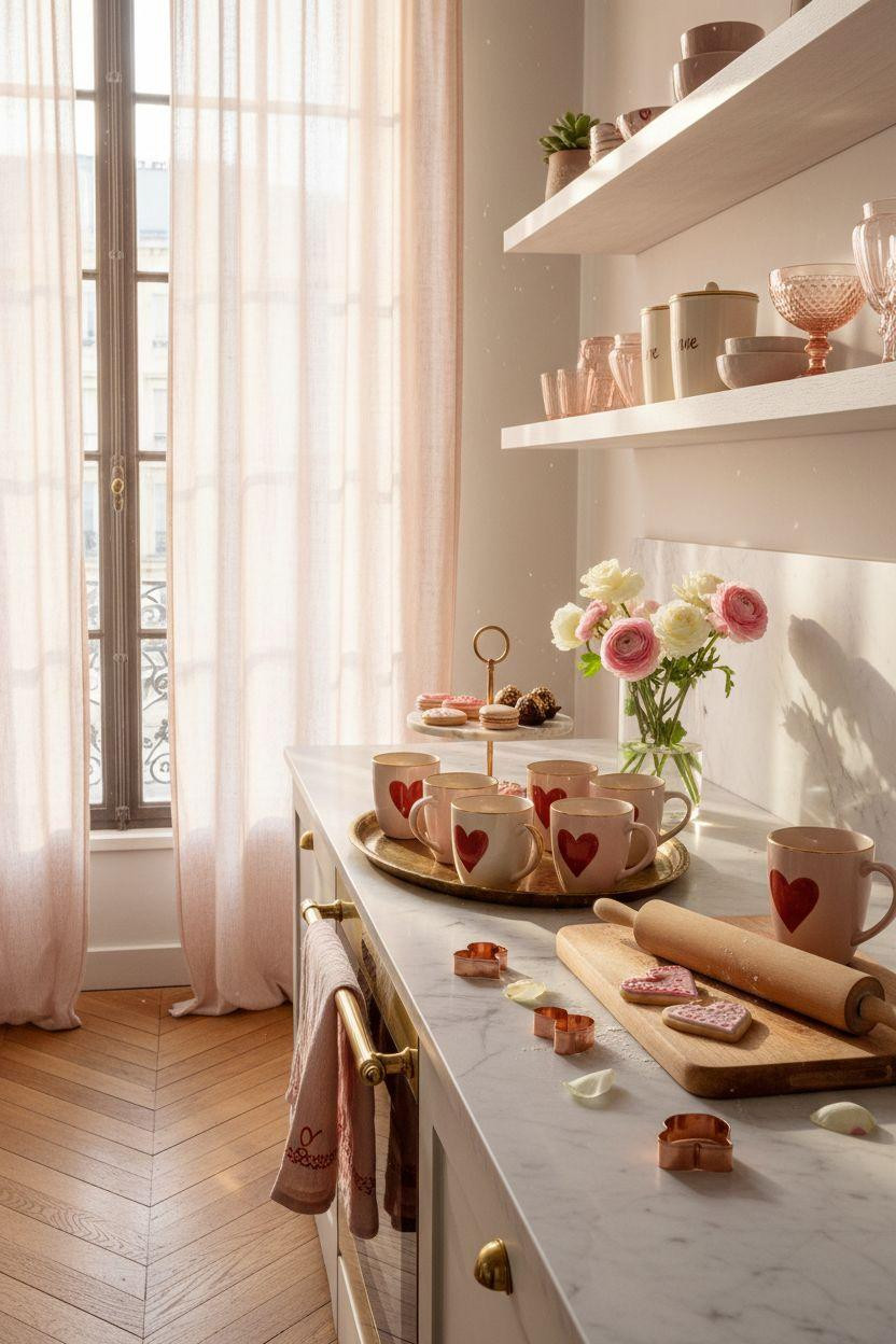 Valentine's kitchen decor - mug display on counter