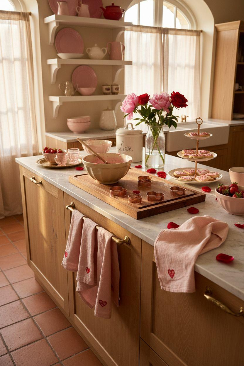 Valentine's kitchen decor - heart towels on oven handle