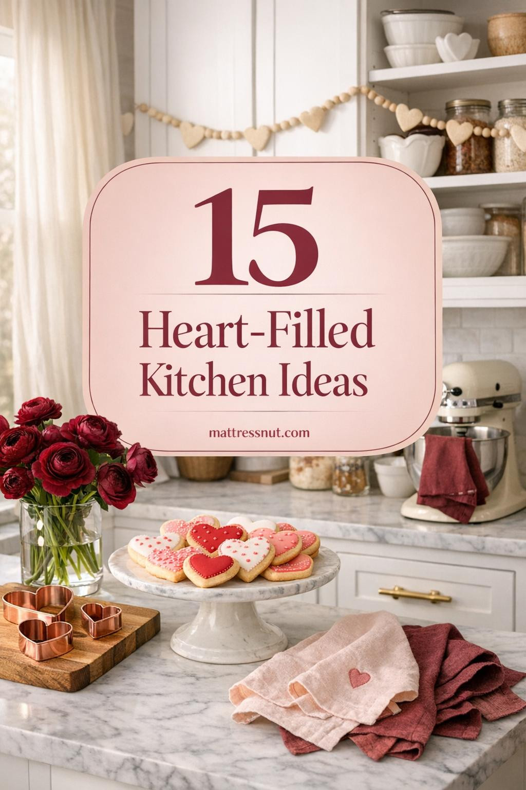 White shaker kitchen with marble counters, heart-shaped cookies on cake stand, burgundy flowers, rose gold cutters, blush linens