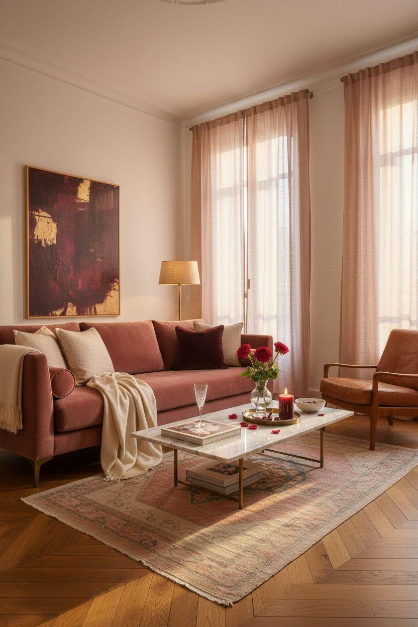 Valentine's living room decor with marble table and romantic styling
