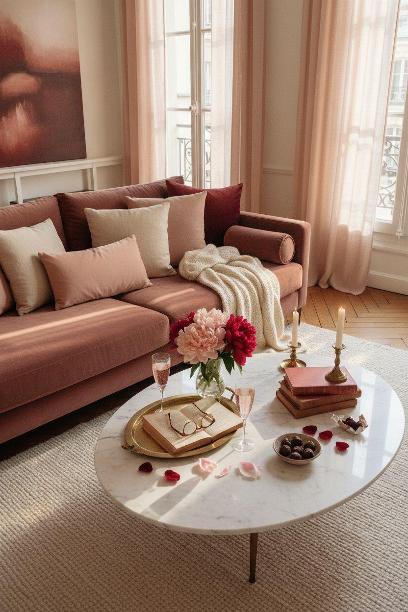 Valentine's living room decor with overhead view of coffee table