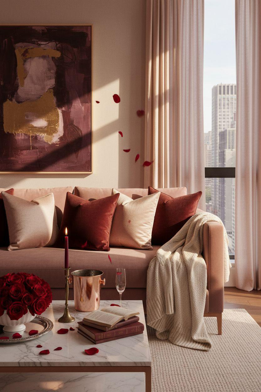 Valentine's living room decor with blush velvet sofa and marble table