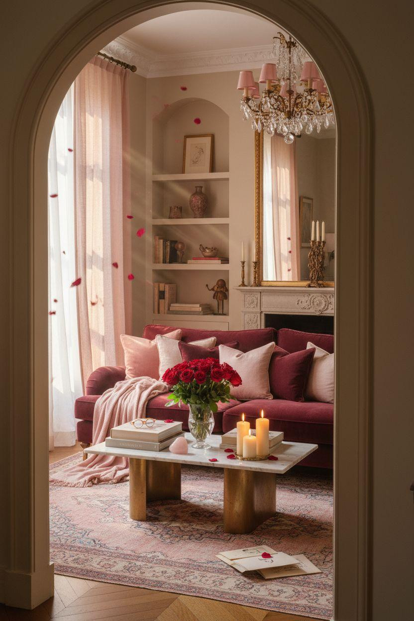 Valentine's living room decor viewed through elegant doorway