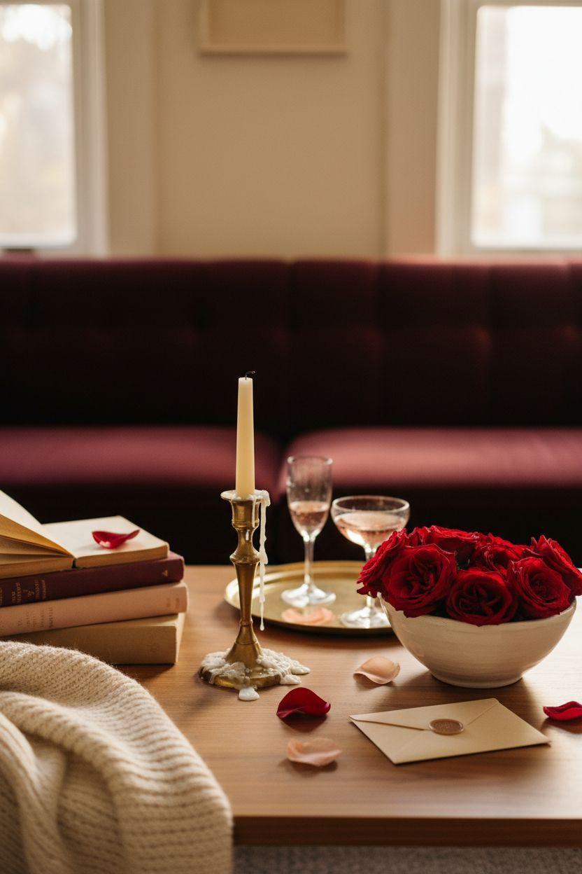 Valentine's living room decor coffee table styling with roses and candles