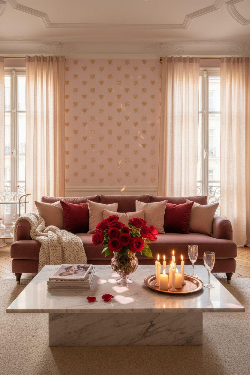 Valentine's living room decor with blush velvet and marble coffee table