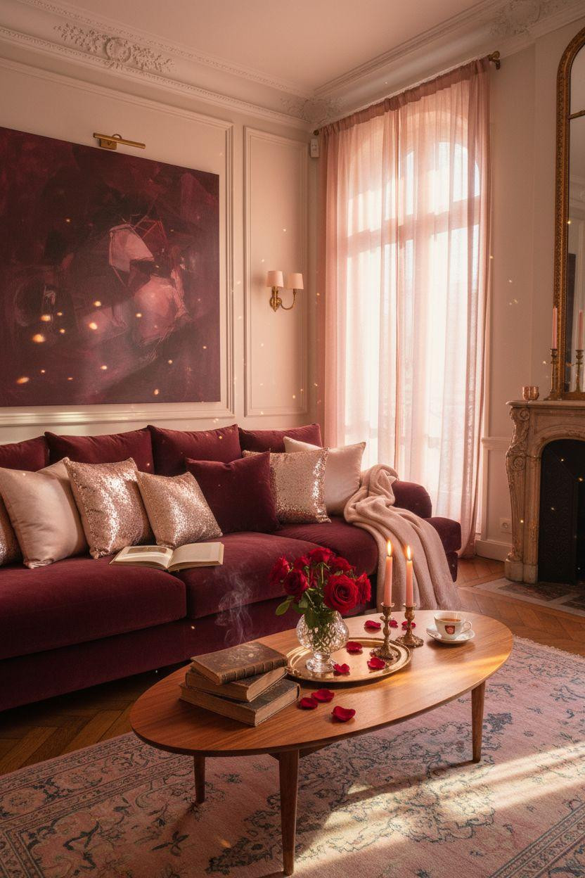Valentine's living room decor with burgundy velvet sofa and romantic lighting