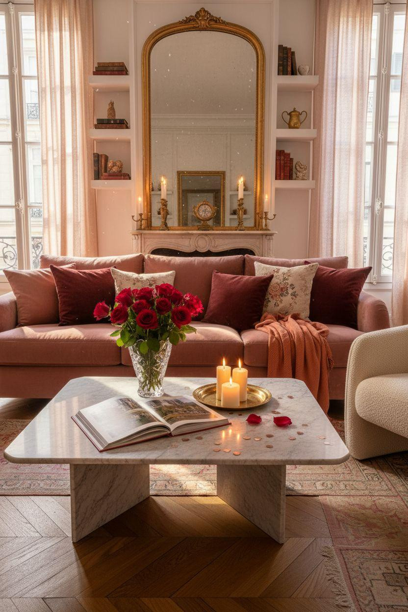 Valentine's living room decor with dusty rose velvet and vintage leather