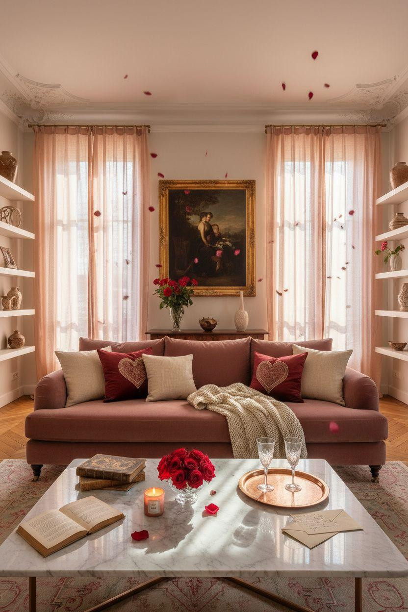 Valentine's living room decor with embroidered pillows and romantic styling
