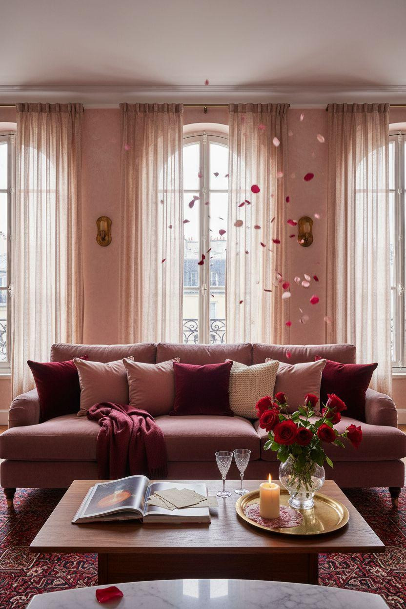 Valentine's living room decor with dramatic lighting and romantic details