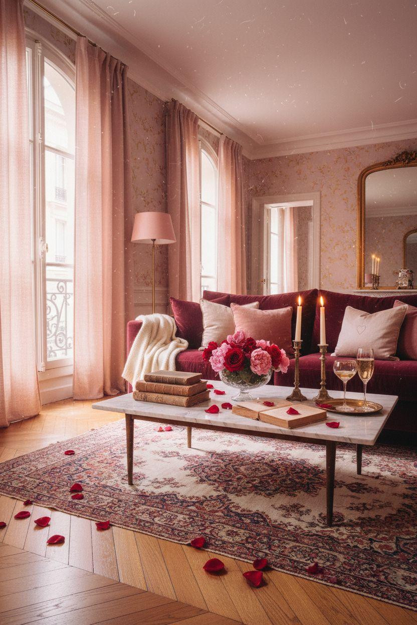 Valentine's living room decor with blush walls and romantic atmosphere