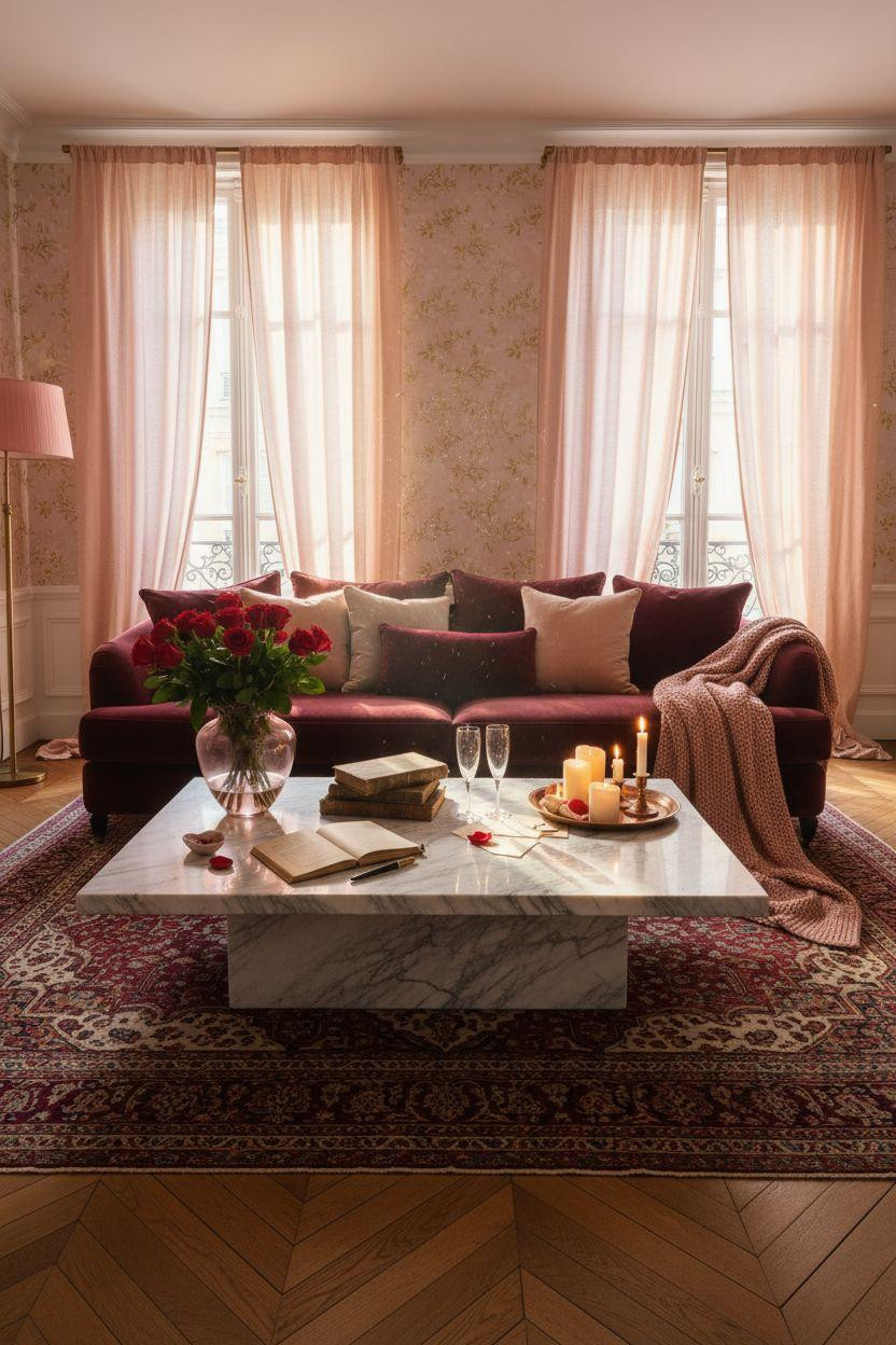 Valentine's living room decor with burgundy velvet and marble coffee table
