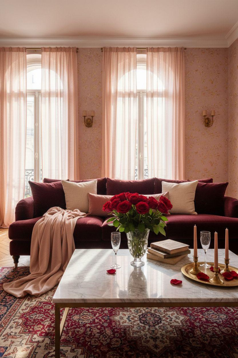 Valentine's living room decor with dusty rose velvet and romantic details