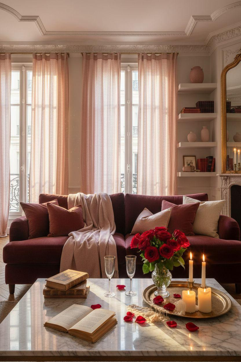 Valentine's living room decor in Parisian style with soaring ceilings