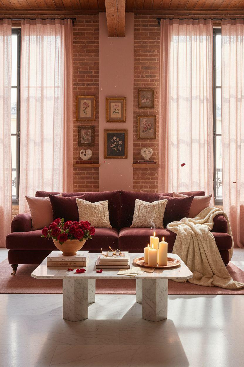 Valentine's living room decor in double-height loft with romantic details