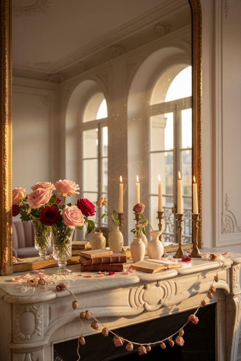 Valentine's mantel decor with romantic poetry books and scattered petals