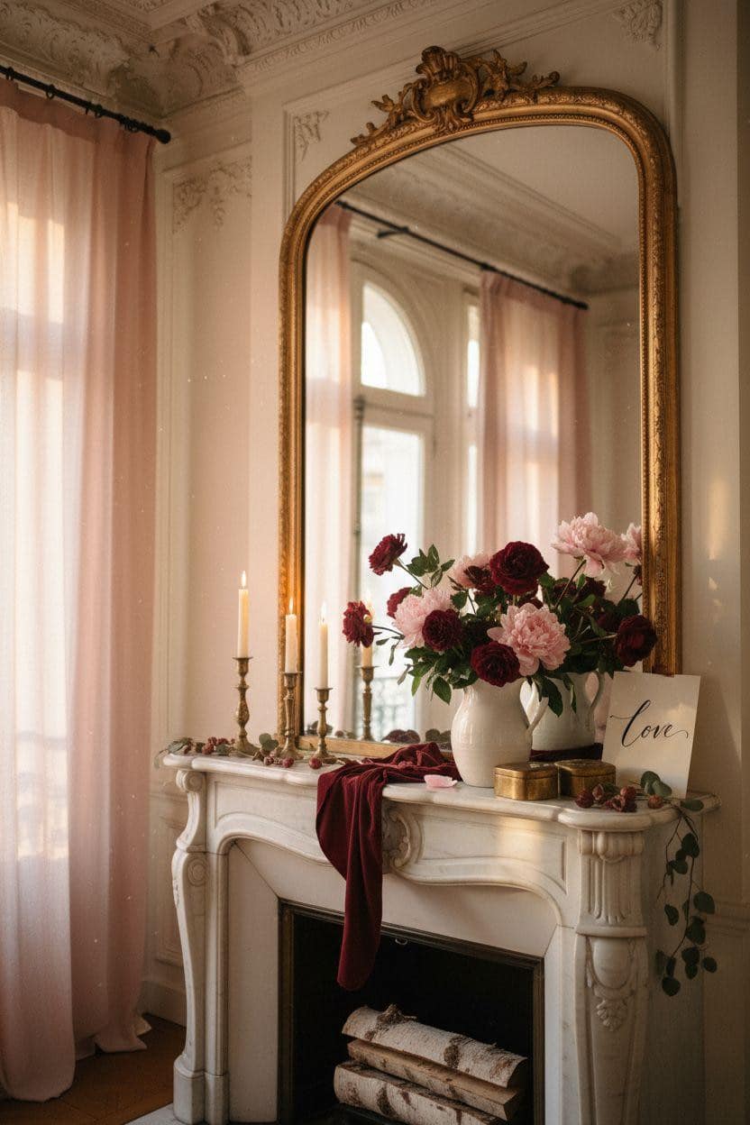 Valentine's mantel decor with cream and burgundy romantic styling