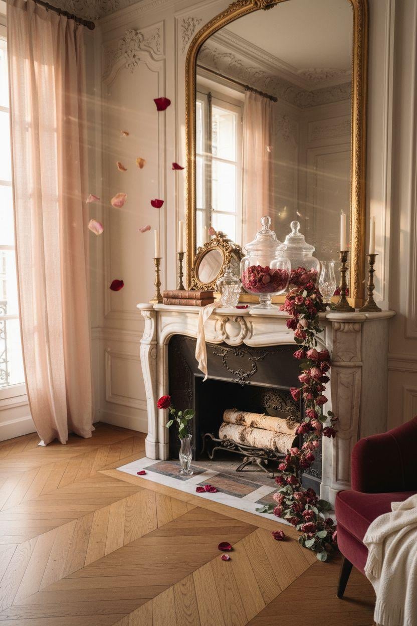 Valentine's mantel decor with dried roses and vintage touches