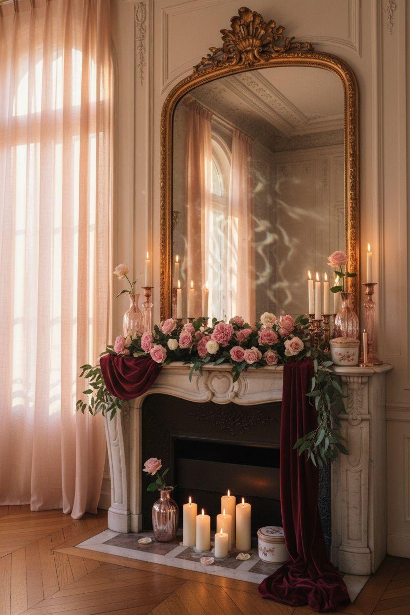 Valentine's mantel decor with vintage love letters and garland