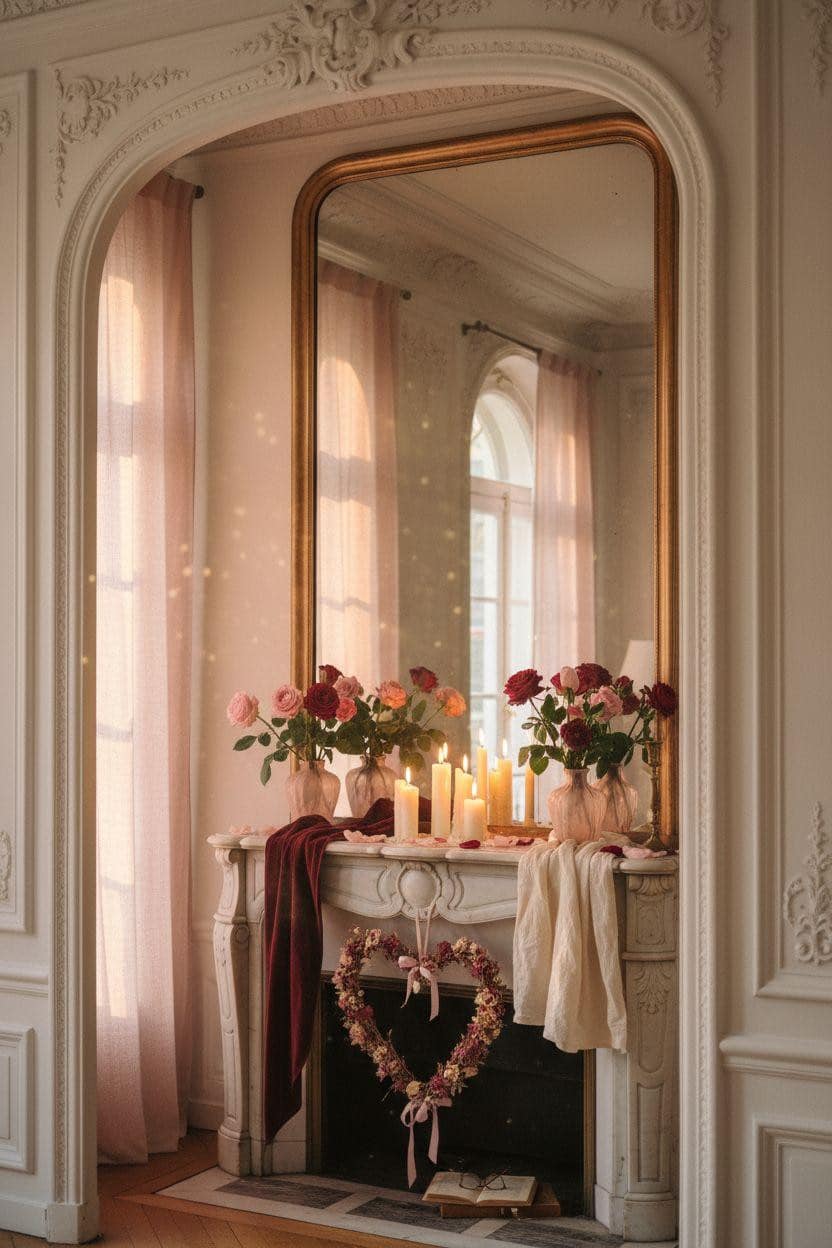 Valentine's mantel decor with dramatic pink and red roses