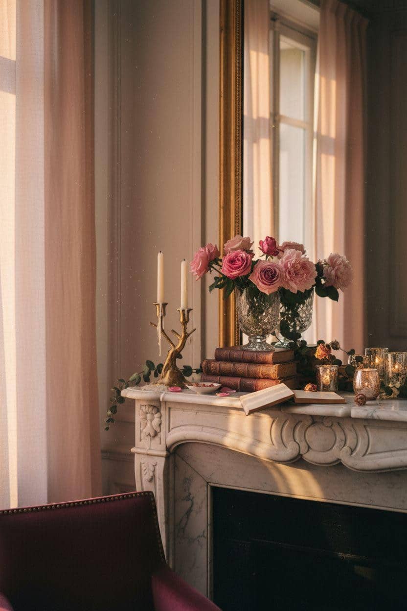 Valentine's mantel decor with Parisian style and crystal vases