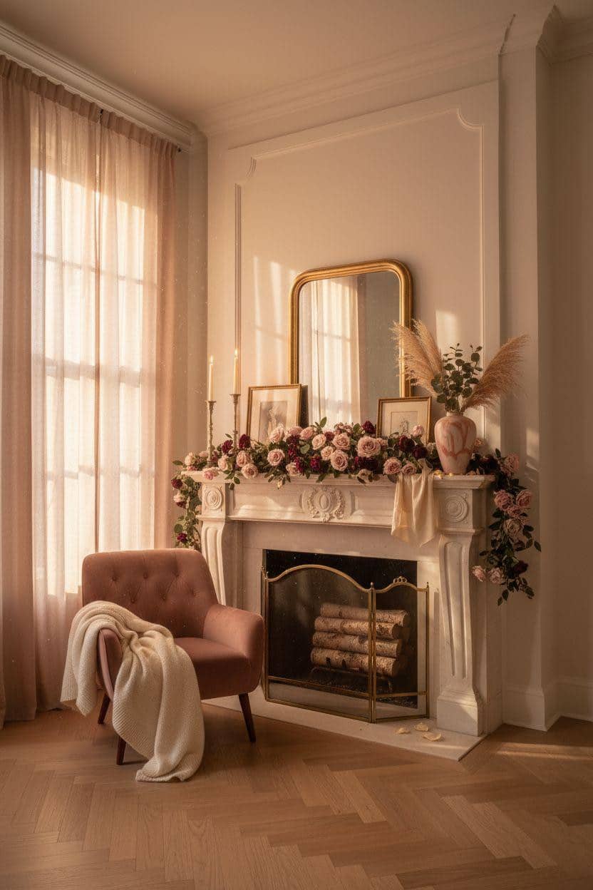 Valentine's mantel decor with lush roses and candlelight
