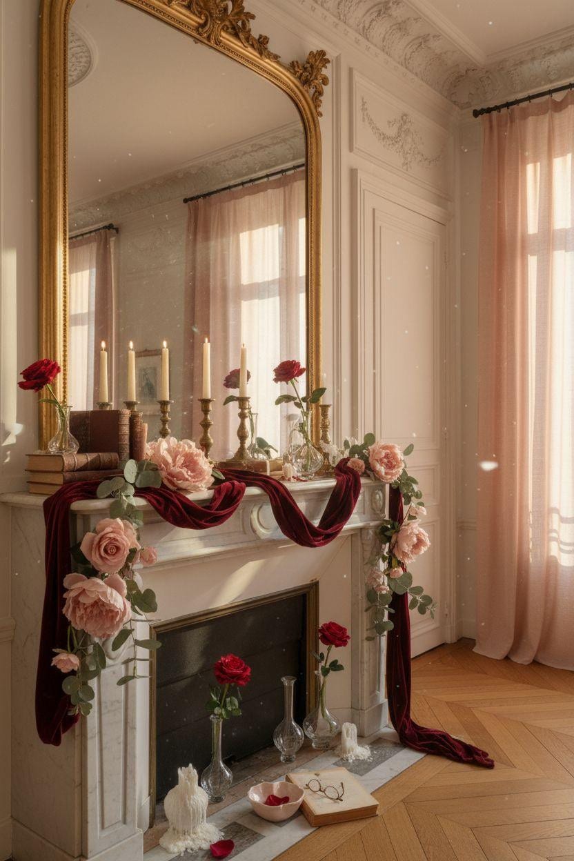 Valentine's mantel decor with lush velvet ribbon and romantic roses