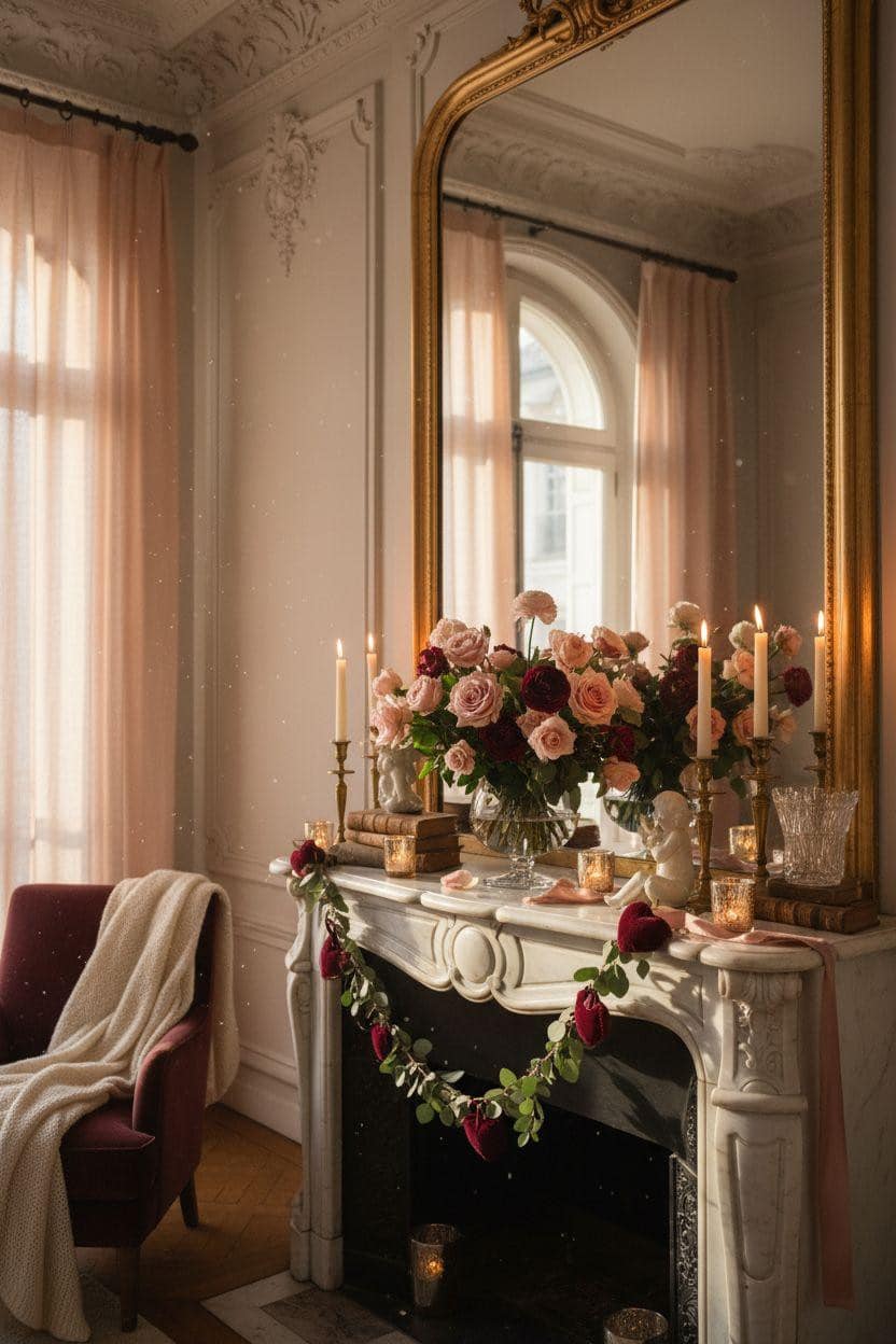 Valentine's mantel decor with vintage love letters and soft petals