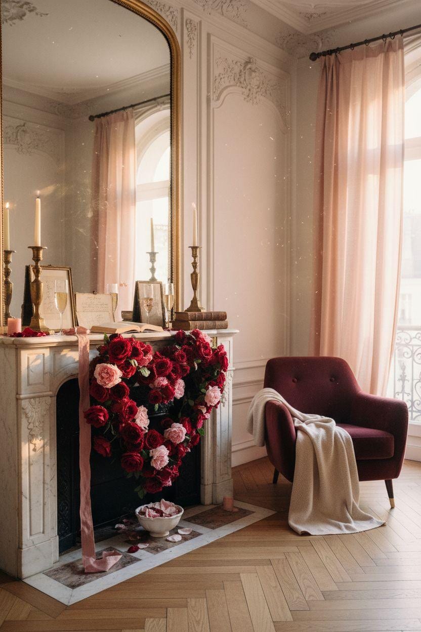 Valentine's mantel decor with elegant candlesticks and romantic roses