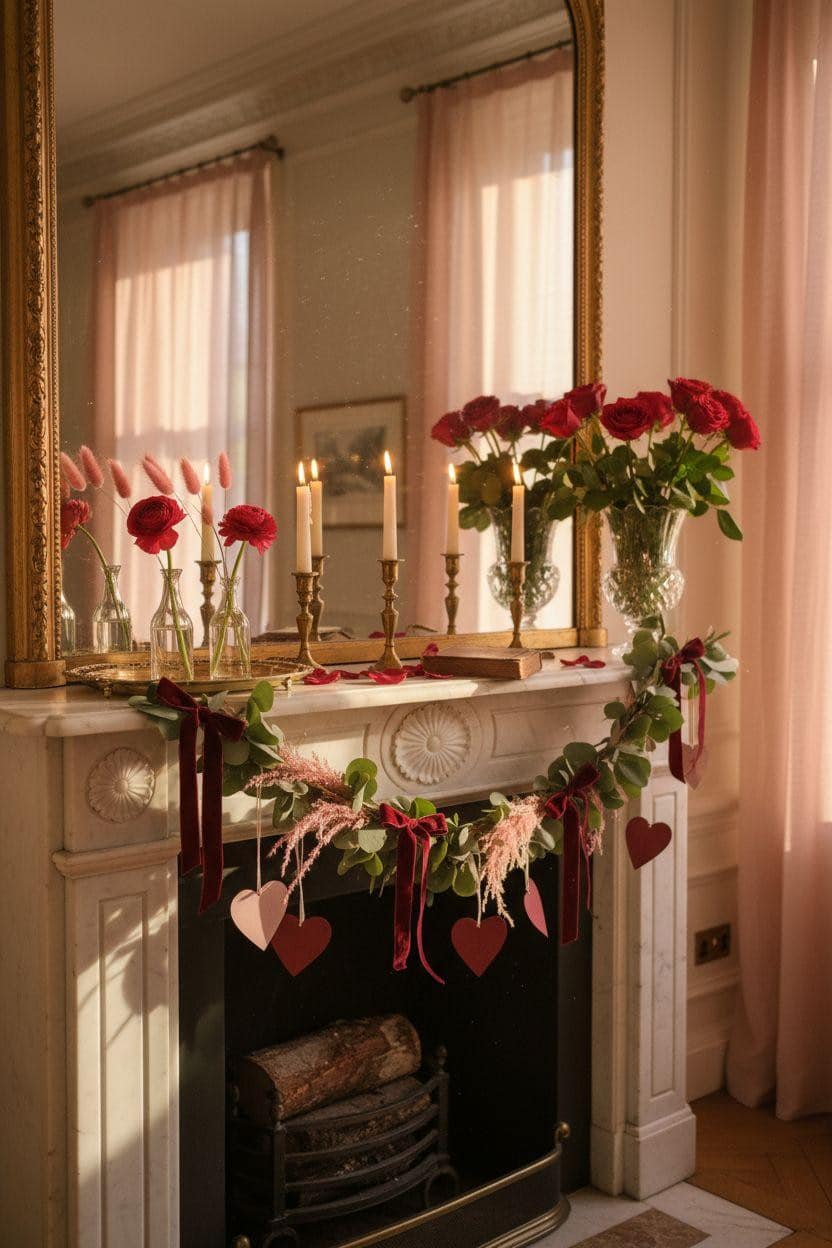 Valentine's mantel decor with handmade paper hearts and eucalyptus