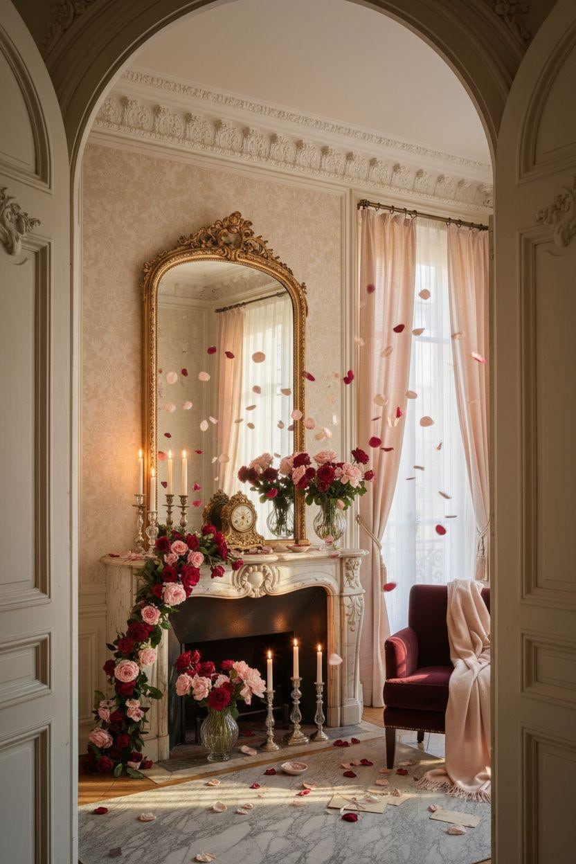 Valentine's mantel decor with lush garland and baroque mirror