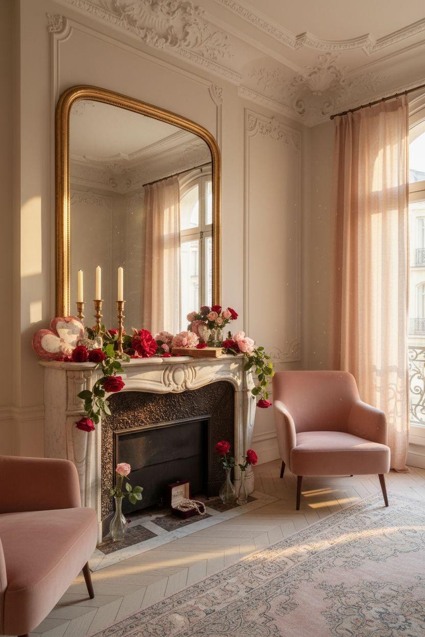Valentine's mantel decor in grand Parisian apartment with velvet furniture