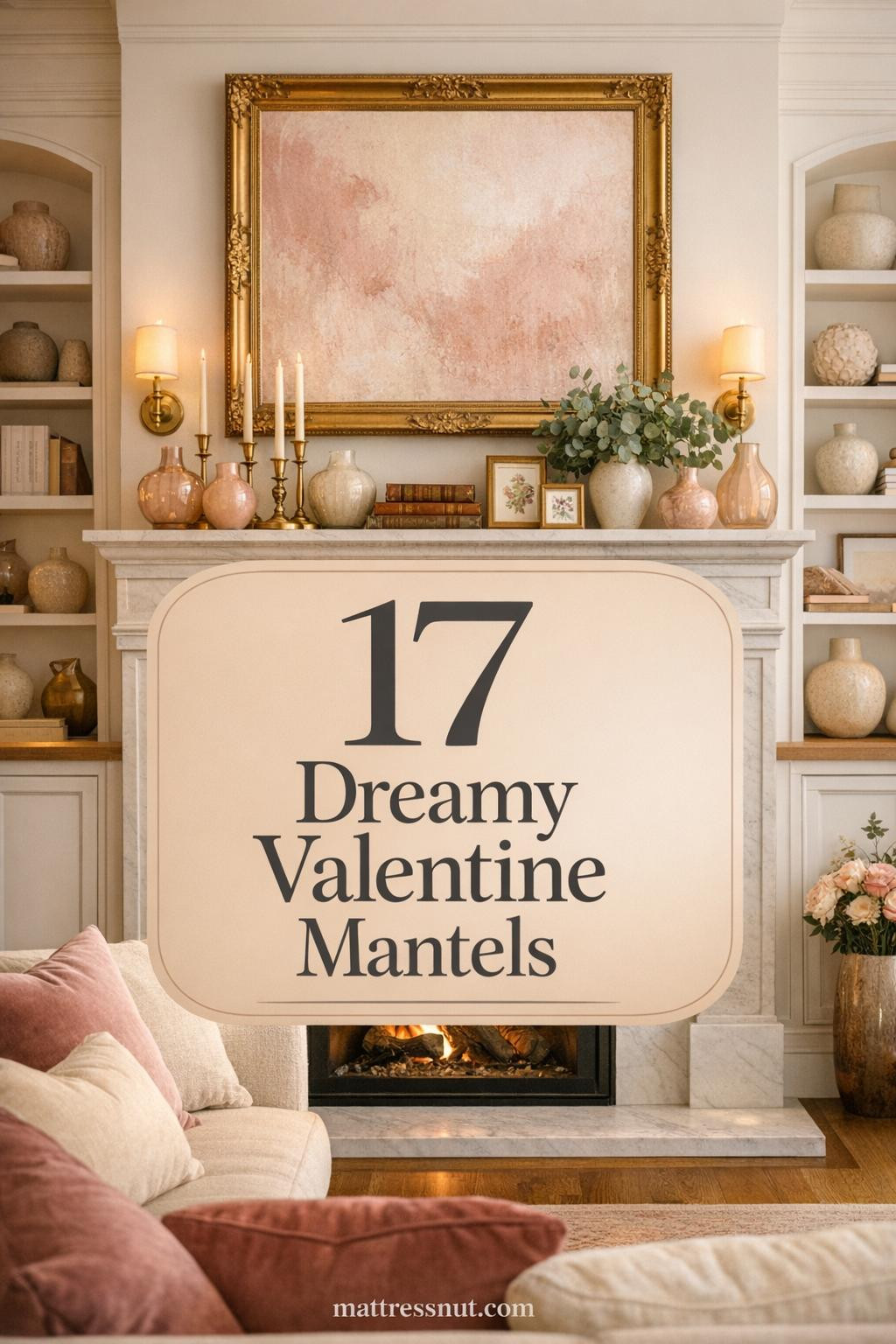 White marble fireplace mantel decorated with brass candlesticks, blush glass vessels, eucalyptus stems, and vintage books