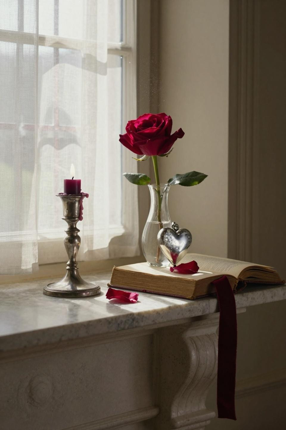 valentines mantle decor - intimate vignette with crimson rose and tarnished silver