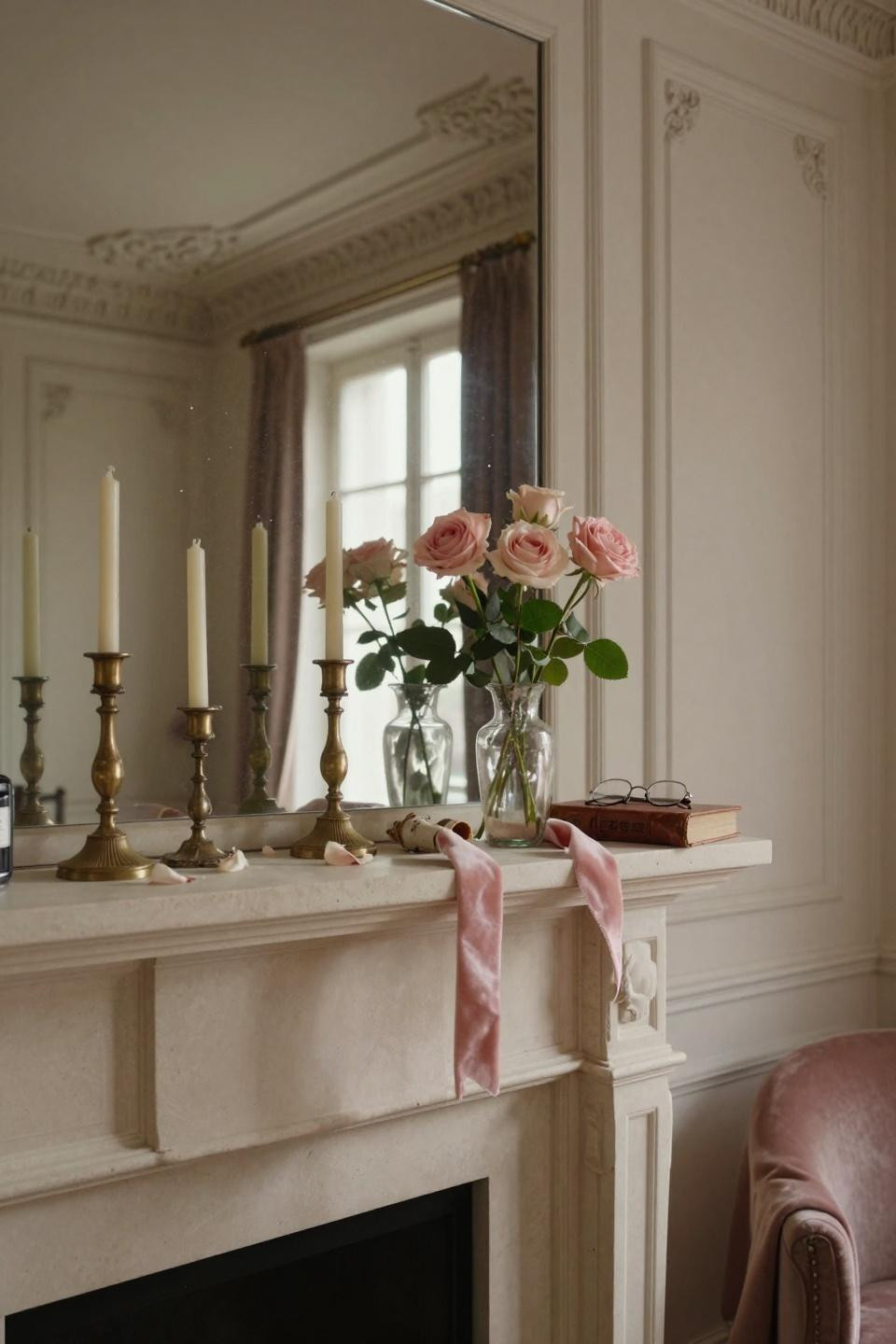 valentines mantle decor - subtle Valentine's setup with blush garden roses