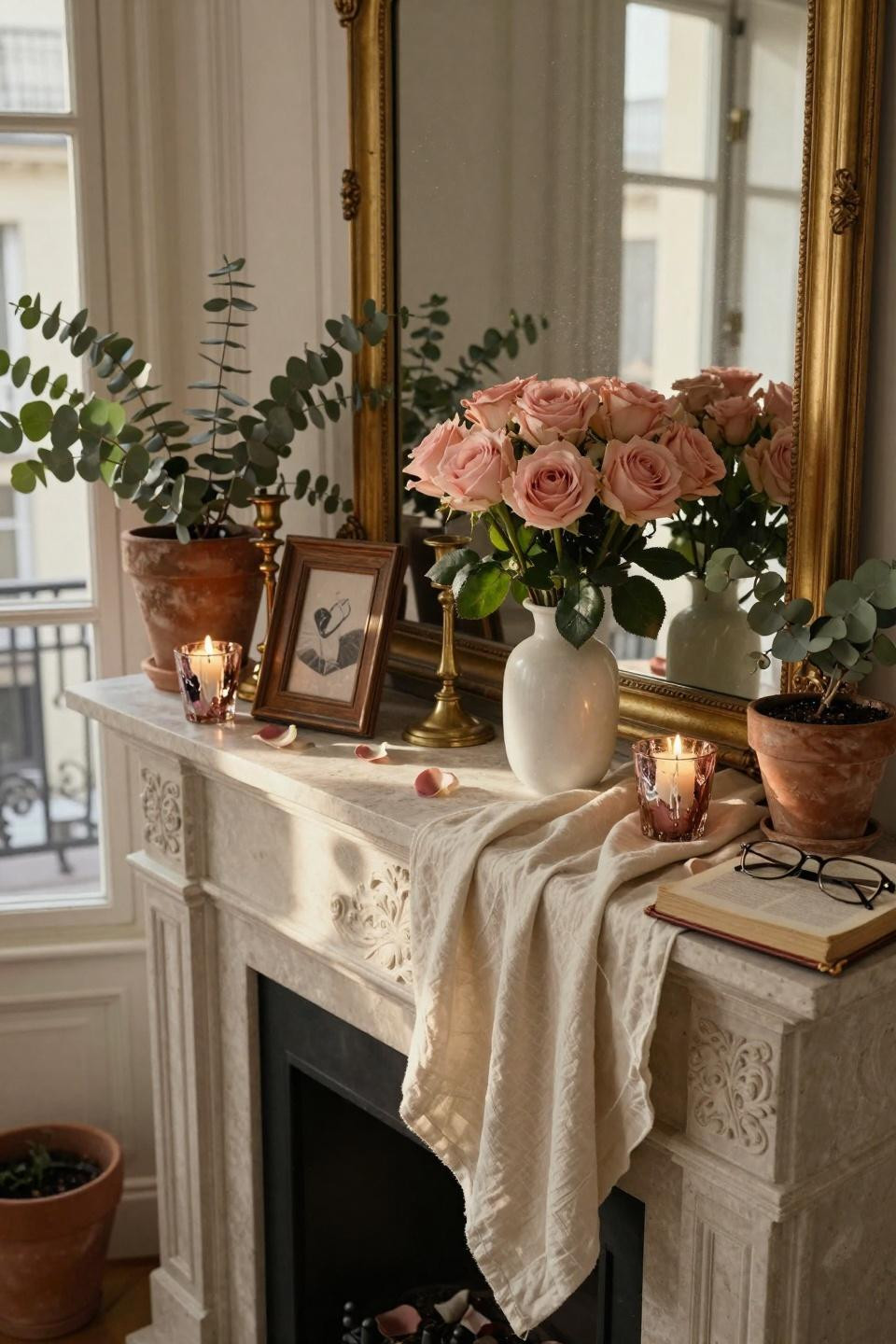 valentines mantle decor - limestone mantel with eucalyptus branches
