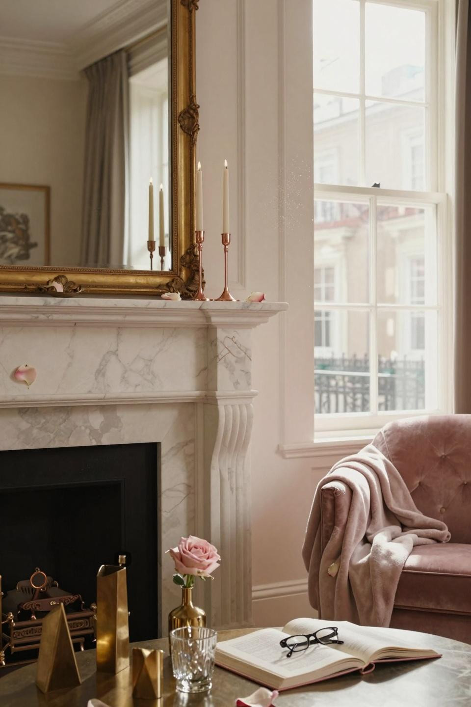 valentines mantle decor - rose gold candlesticks with blush roses