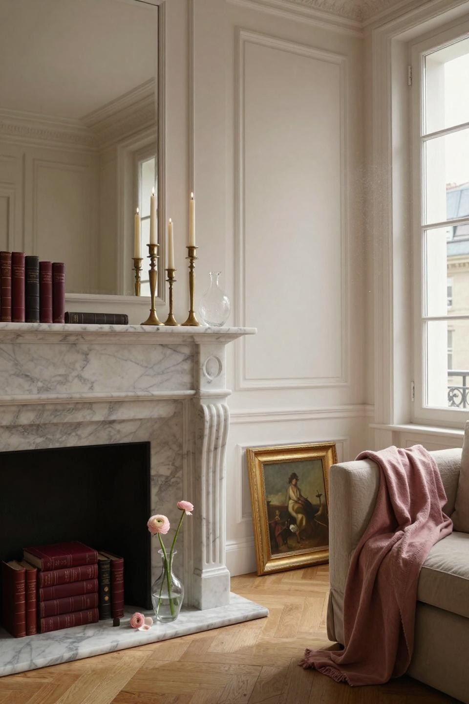 valentines mantle decor - Parisian marble fireplace with brass candlesticks