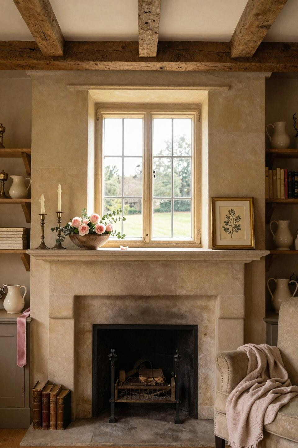 valentines mantle decor - European farmhouse mantel with subtle blush accents