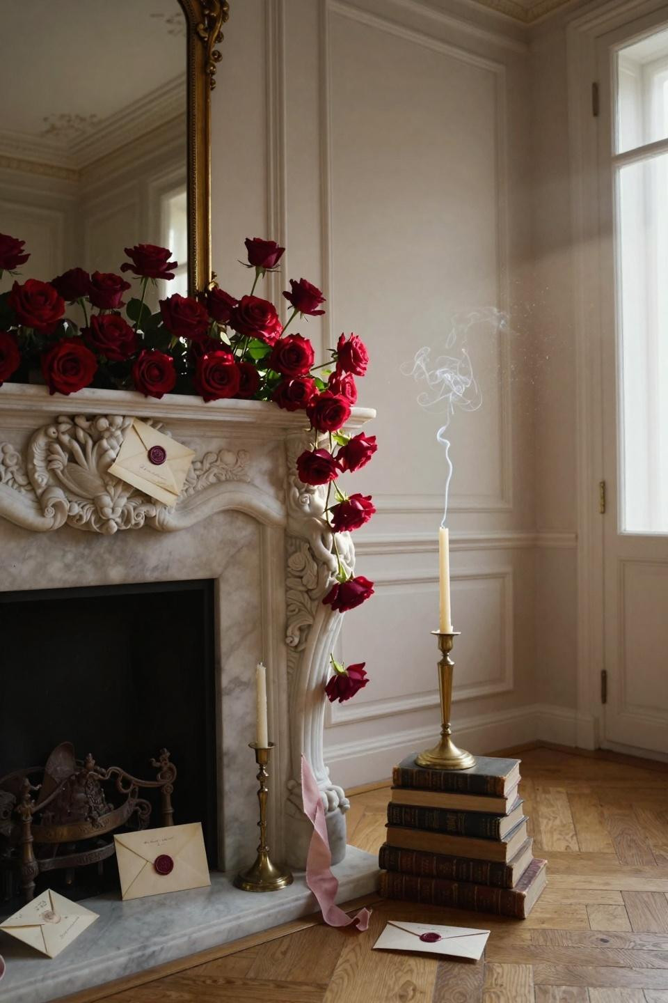 valentines mantle decor - Carrara marble with deep crimson garden roses