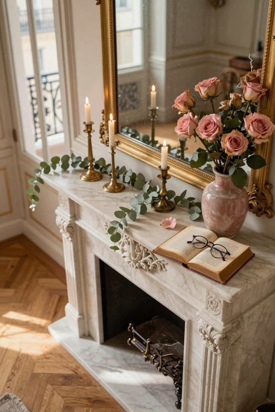 valentines mantle decor - limestone mantel with dried rose garland