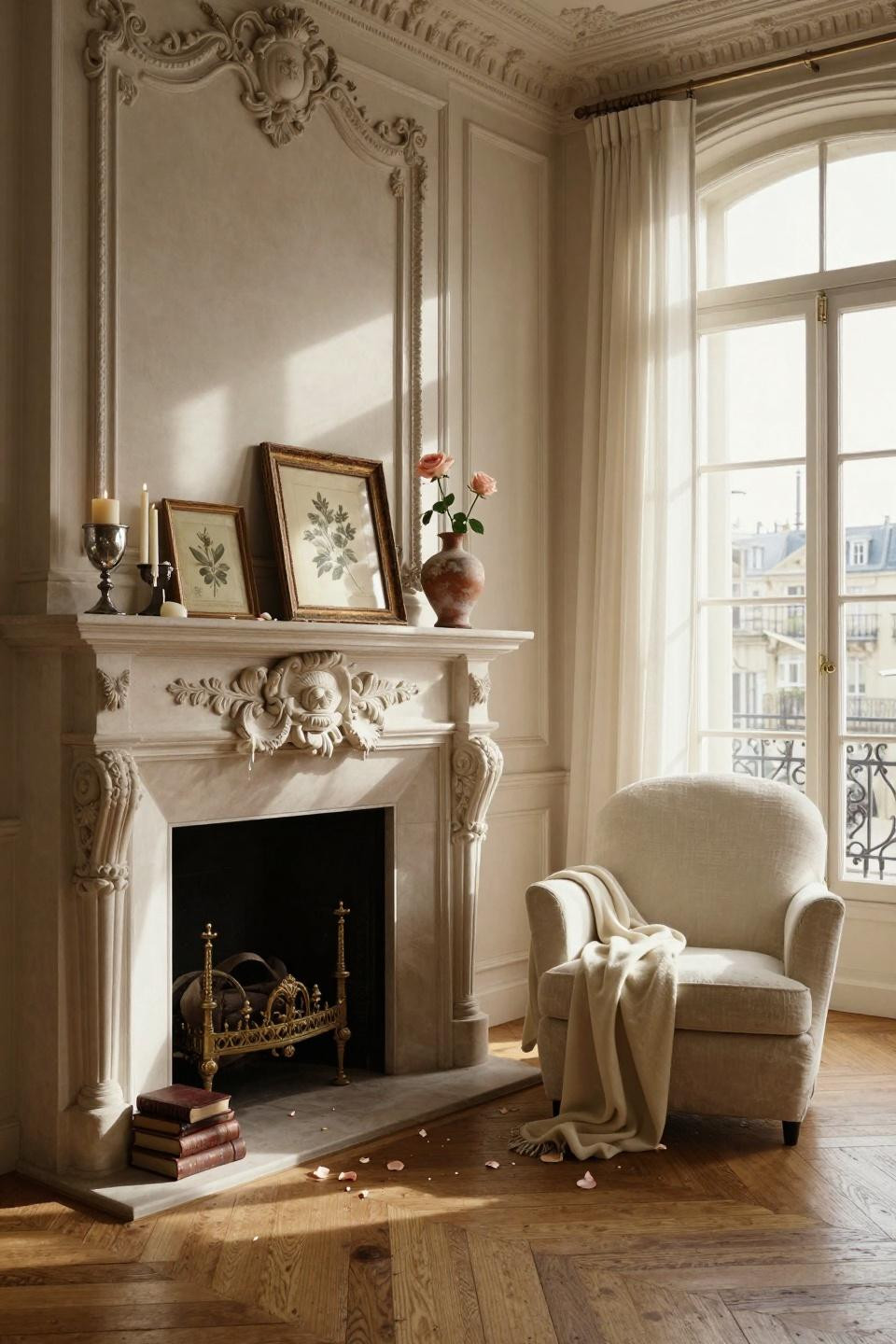 valentines mantle decor - European manor fireplace with vintage botanical prints