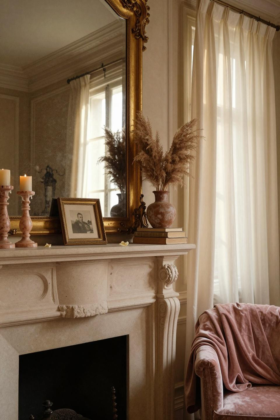 valentines mantle decor - grand fireplace with blush marble candlesticks