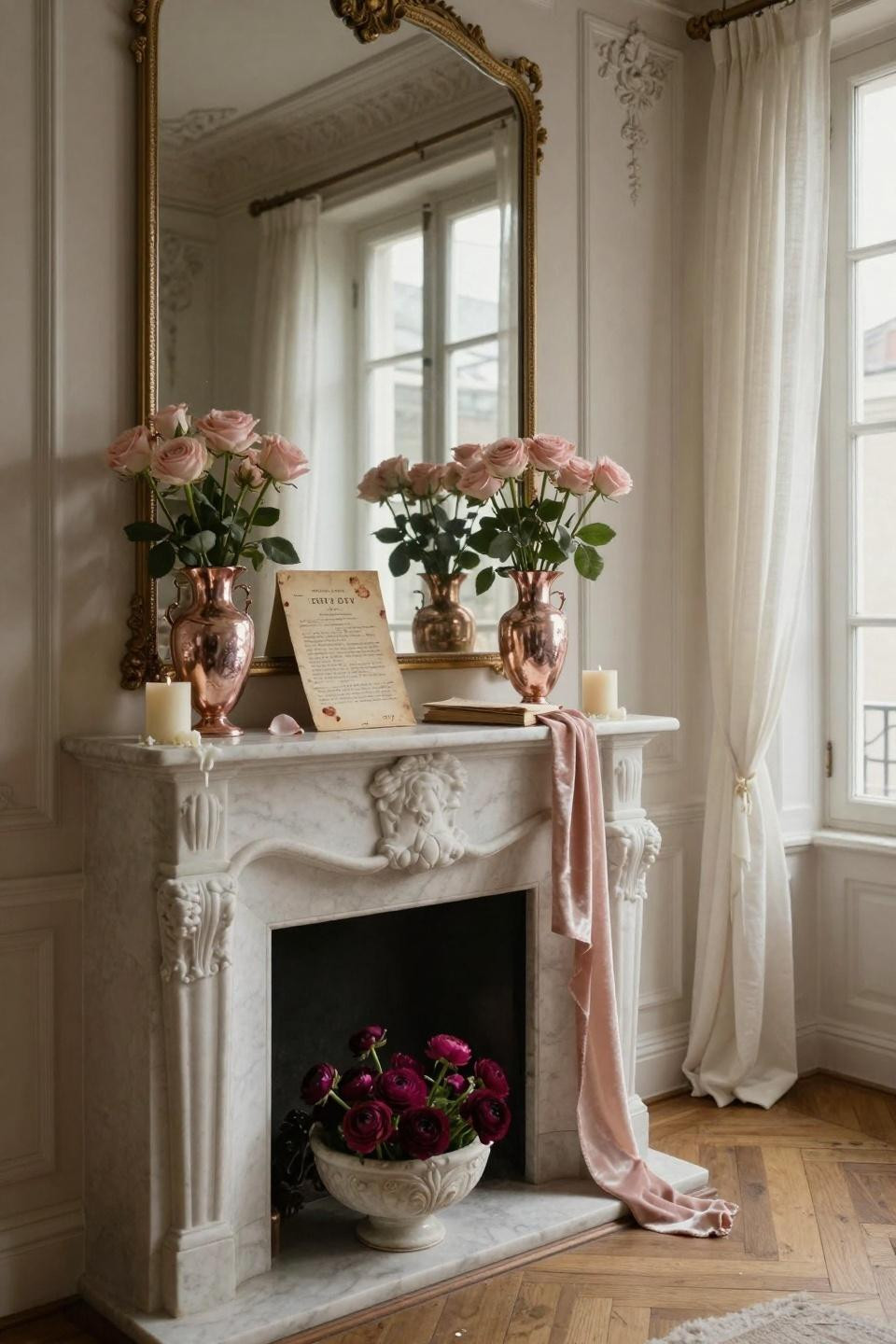 valentines mantle decor - limestone fireplace with vintage love letter